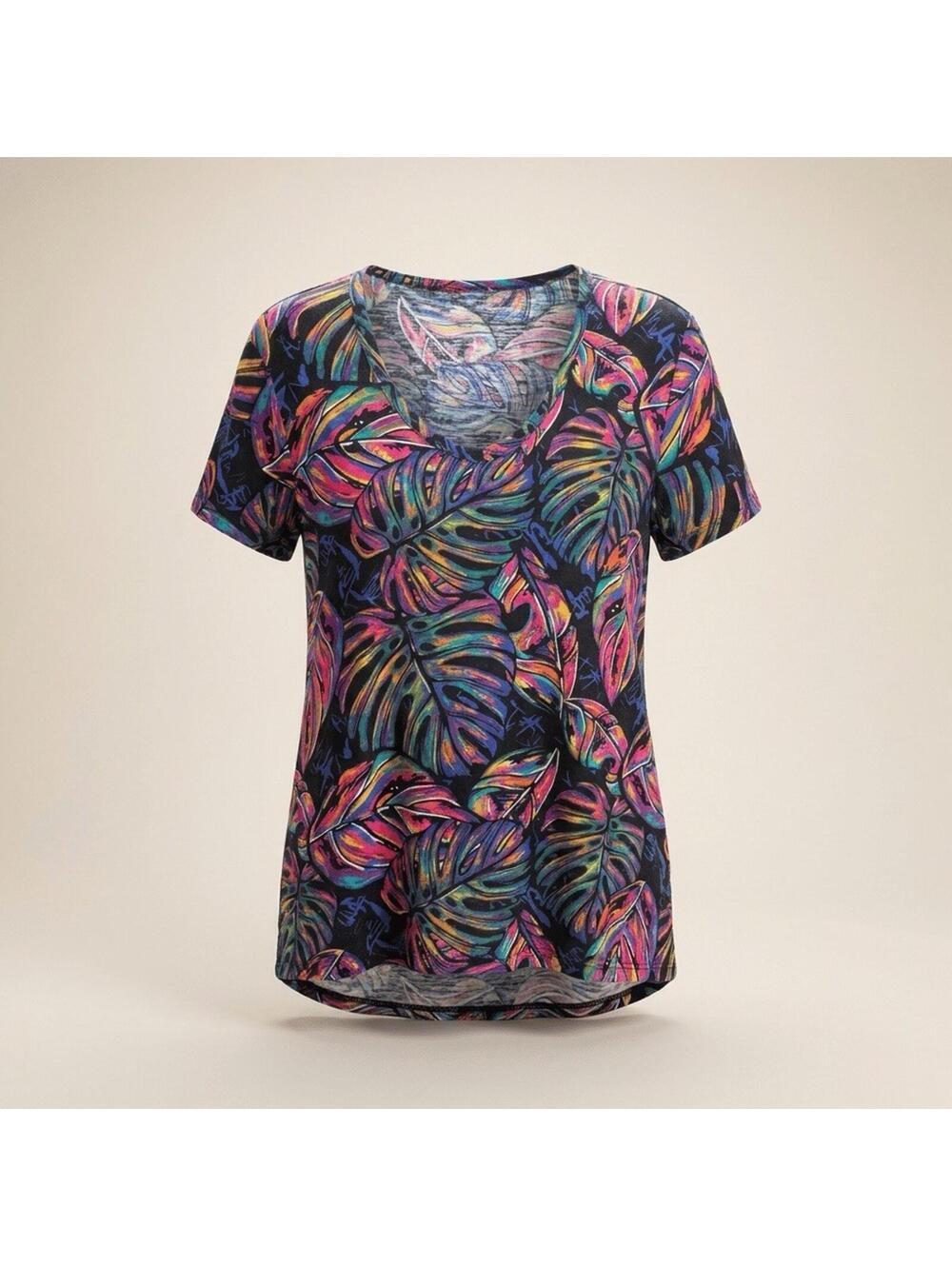 Westbound Women’s Top Short Sleeve Multicolor Tropical Leaves 100% Cotton Tee L